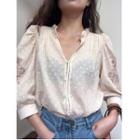 Dotted V-neck Long-sleeve Loose-fit Blouse