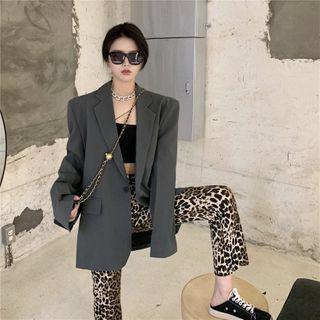 Plain Single-button Blazer / Leopard Print Cropped Boot-cut Pants