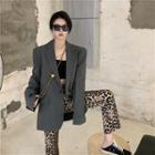Plain Single-button Blazer / Leopard Print Cropped Boot-cut Pants