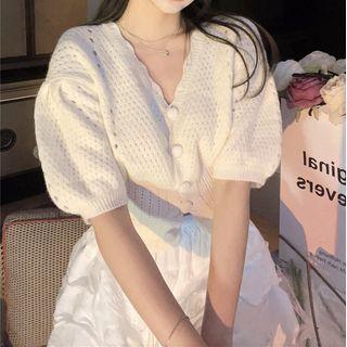 Puff-sleeve Button-up Knit Top / Tiered Skort