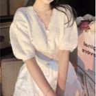 Puff-sleeve Button-up Knit Top / Tiered Skort