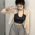 Cut-out Cardigan / Halter Floral Cropped Top