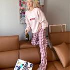 Embroider Letter Sweatshirt / Plaid Straight-cut Pants
