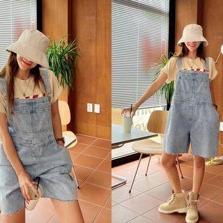 Fray-hem Wide Overall Denim Shorts Light Blue - One Size