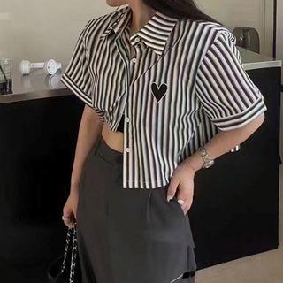 Short-sleeve Heart Embroidered Crop Shirt