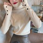 Buttoned Cuff Turtleneck Long-sleeve Knit Top