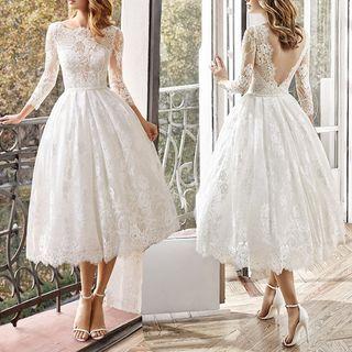 Long-sleeve Lace Midi Cocktail Dress
