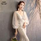 Embroidered Balloon-sleeve Mermaid Evening Gown