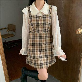Long-sleeve Lace Top / Plaid Overall Dress