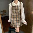 Long-sleeve Lace Top / Plaid Overall Dress