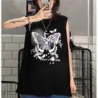 Sleeveless Butterfly Print T-shirt
