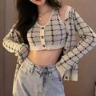 Sleeveless Plaid Buttoned Cropped Knit Top / Cardigan