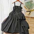 Ruffle Trim Strappy Midi A-line Dress Black - One Size