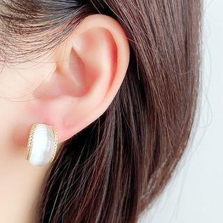 Cat Eye Stone Alloy Earring 1 Pair - Clip On Earring - White & Gold - One Size