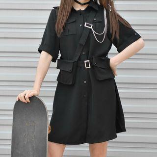 Flap-pocket Short-sleeve Mini Shirtdress