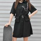 Flap-pocket Short-sleeve Mini Shirtdress
