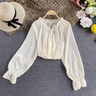 Frill-trim Lace-trim Long-sleeve Chiffon Blouse Off-white - One Size