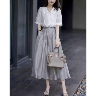 Set: Short-sleeve Wide Collar Blouse + Midi A-line Skirt