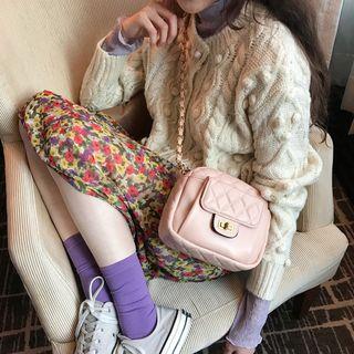 Long-sleeve Mesh Top / Cable Knit Cardigan / Floral Midi Skirt