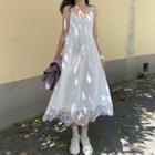 Lace Trim Spaghetti-strap Midi A-line Dress White - One Size