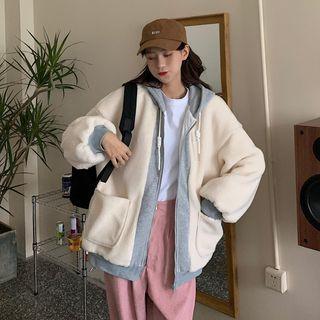 Mock Two-piece Fleece Panel Zip-up Hoodie