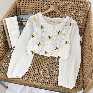 Cherry Embroidered Eyelet-lace Single-breasted Long-sleeve Blouse