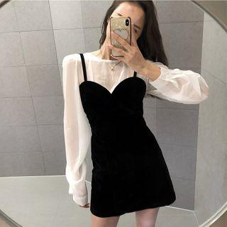 Set: Long-sleeve Top + Mini A-line Velvet Pinafore Dress