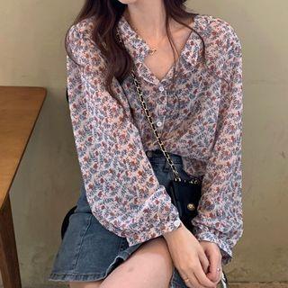Long-sleeve Buttoned Floral Chiffon Top