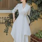 Elbow-sleeve Open-collar Midi A-line Dress