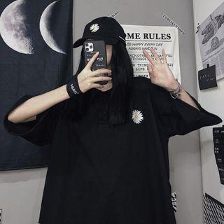 3/4-sleeve Floral Embroidery Polo Shirt