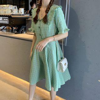 Frilled Trim Plaid Short-sleeve Midi Dress