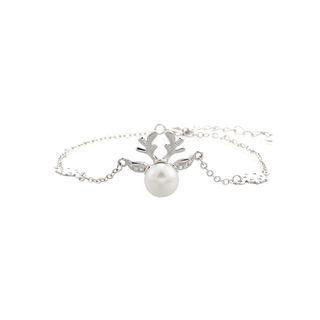 925 Sterling Silver Fashion Simple Christmas Elk White Freshwater Pearl Bracelet Silver - One Size