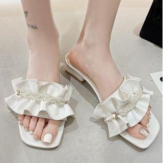 Block Heel Faux Pearl Frill Trim Slide Sandals