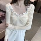 Long-sleeve Floral Applique V-neck Knit Top White - One Size