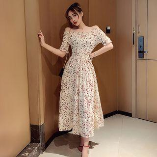 Heart Print Off-shoulder Maxi Chiffon Dress