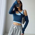 Long-sleeve Mock Two-piece Cold-shoulder T-shirt