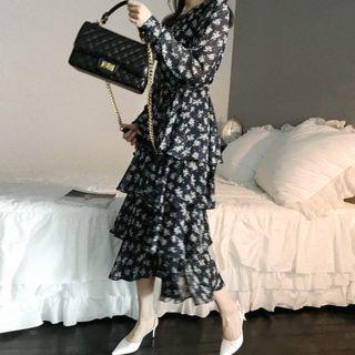 Ruffle-tiered Floral Chiffon Long Dress