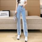 Letter Embroidered High Waist Straight Leg Jeans