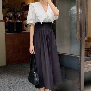 Ruffle Trim Collar Mock Two-piece Midi A-line Dress Black & White - One Size