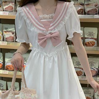 Short-sleeve Lace Trim Bow Accent Mini A-line Dress White - One Size