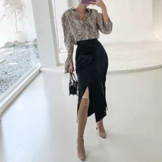 Slit-front Satin Long Skirt