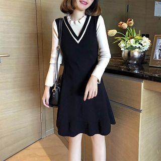 Mock Two-piece Long-sleeve Mock Neck A-line Knit Dress