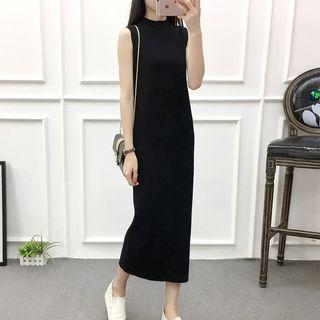 Mock-neck Long-sleeve Knit Top / Sleeveless Midi Knit Dress