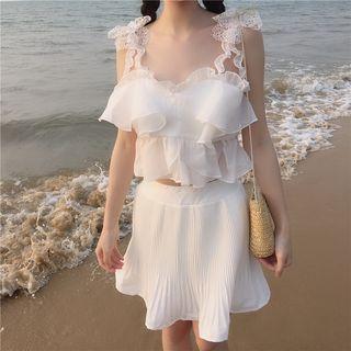 Lace Strap Ruffle Crop Top / A-line Skirt