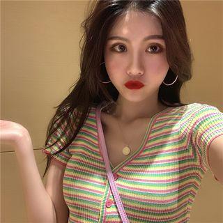 Button-down Striped Crop Knit Top Rainbow - One Size
