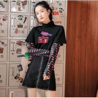 Mock Two-piece Turtleneck Printed Long-sleeve T-shirt