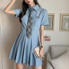 Short-sleeve Single Breasted Pleated Dress