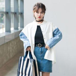 Mandarin Collar Denim Panel Button Jacket
