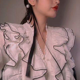 Faux Pearl Ribbon Hair Tie / Headband / Hair Clip Headband - Black - One Size