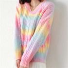 V-neck Color Block Striped Knit Sweater